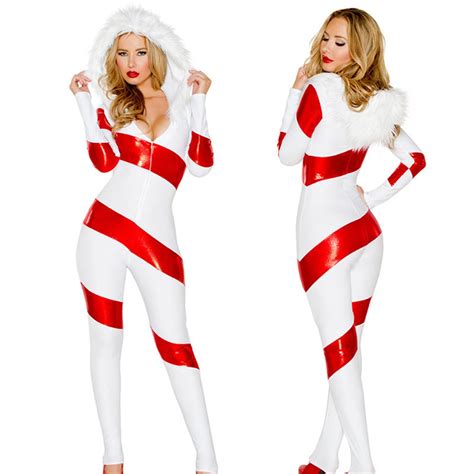 Cosplay Women Deluxe Sexy Santa Candy Hooded Jumpsuit Costume Miss