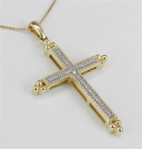 diamond cross pendant necklace religious charm  yellow gold chain
