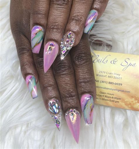 pink marble pink chrome clear diamond nail design atcustomnails