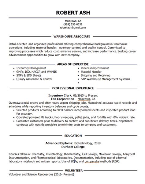 warehouse associate resume  inventory shipping receiving