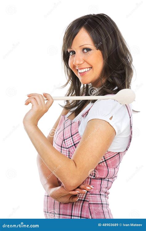 young woman holding wooden spoon royalty  stock image