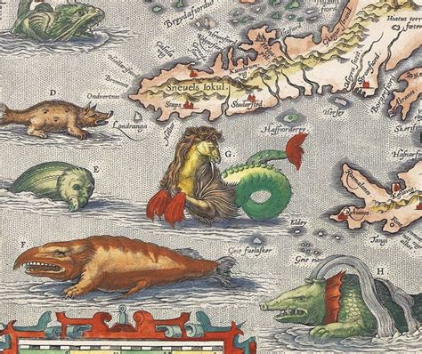old map of iceland islandia 1542 island sea monsters product image