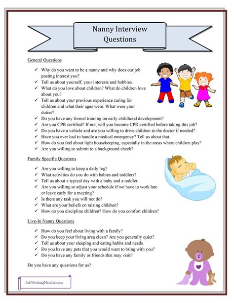 nanny interview questions free printable checklist fab working mom life