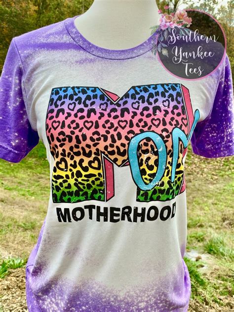 Mom Motherhood Leopard Print Rainbow Bleached Shirt Etsy