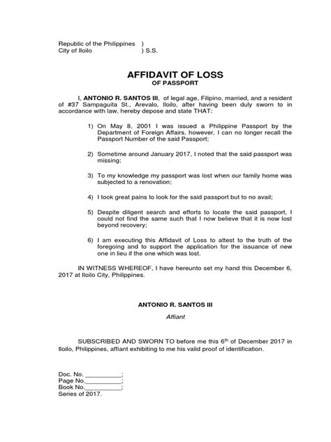 affdavit  loss passport sample affidavit civil law common law