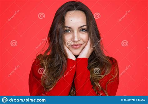 Adorable Brunette In Red Sweatshirt Stock Image Image Of Beautiful