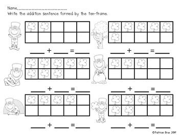 st patricks day ten frame addition worksheet  kinderparty tpt