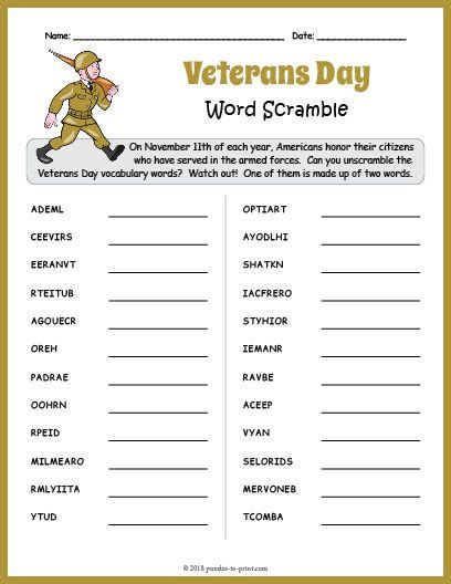 printable veterans day word scramble vocabulary worksheets