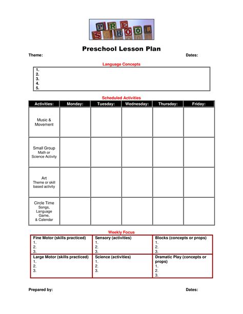 printable lesson plan template  preschool  printable templates
