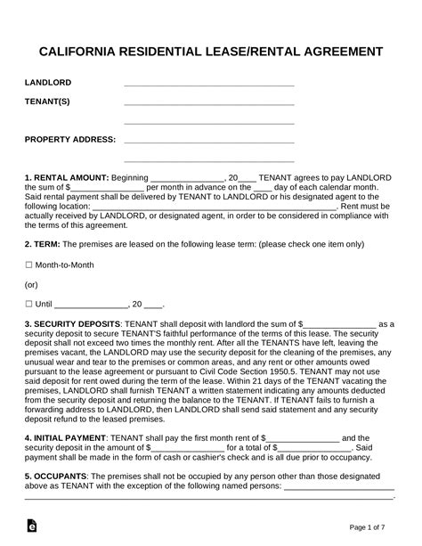 rental contract template california printable templates