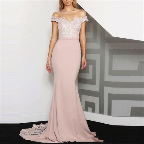 Nude Pink Lace Prom Dress Mermaid Off Shoulder Elegant Long Gowns My