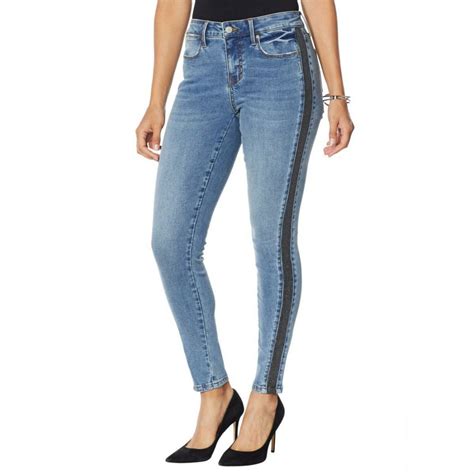 colleen lopez women s stretch denim side stripe skinny jeans 10 midtone