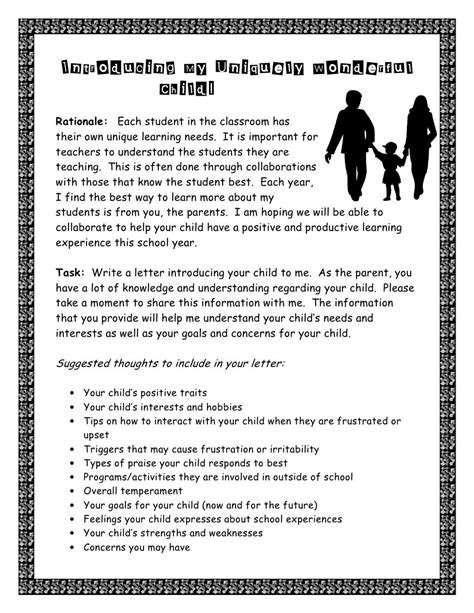 parent letter introducing child  teacher