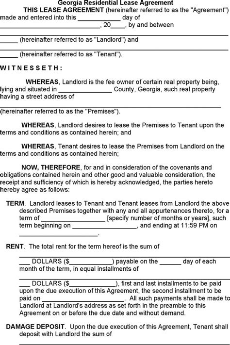 georgia residential lease agreement   printable rental
