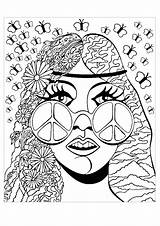 Coloring Psychedelic Girl Pages Adult Adults Peace Butterflies Color Posters Bands Concert Unique Glasses People Girls Inspirational sketch template