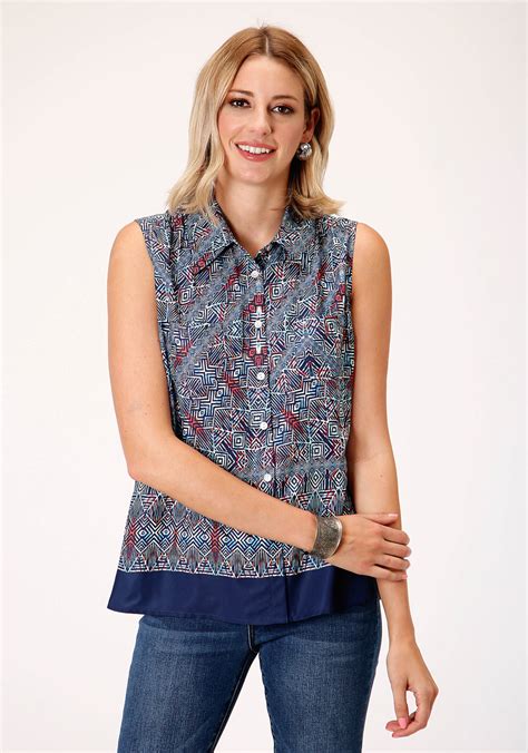roper womens blue polyester tribal border s l blouse the western company