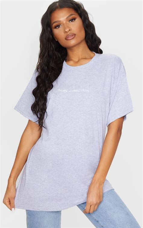 prettylittlething slogan grey oversized t shirt prettylittlething