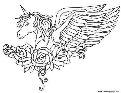 ornate winged unicorn flowers coloring pages printable