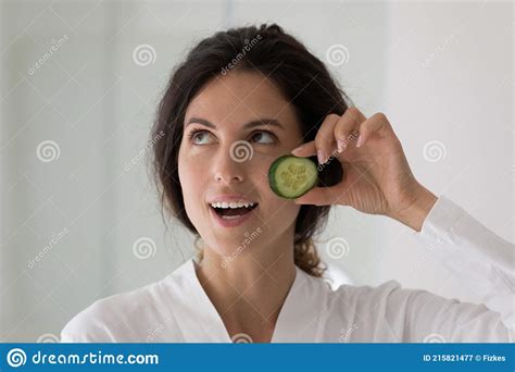 Close Up Happy Beautiful Woman Holding Cucumber Slice Skincare Routine