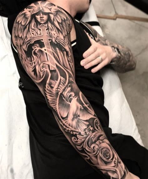 60 Holy Angel Tattoo Designs Half Sleeve Tattoos Cross Angel Sleeve