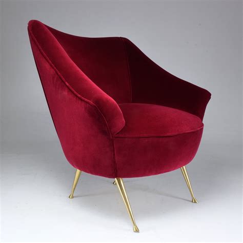 italian mid century red velvet arm chair