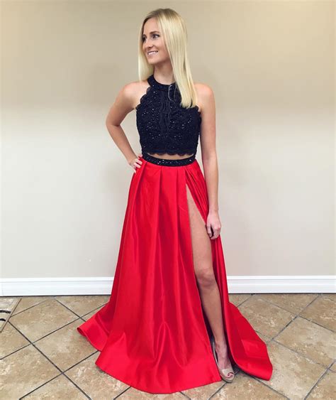 gorgeous two piece black and red long prom dress with slit · dreamdressy · online store powered