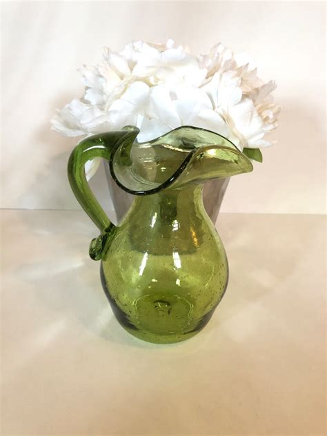 vintage green glass pitcher hand blown shaped small 5 etsy