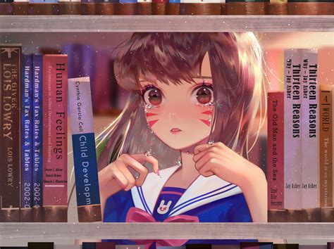 book bow brown eyes brown hair crying d va long hair overwatch school