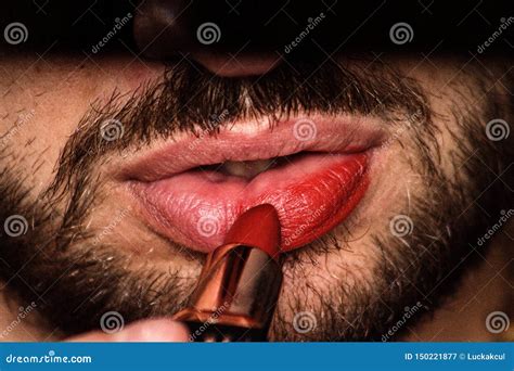young man depicts  lips  red lipstick stock image image