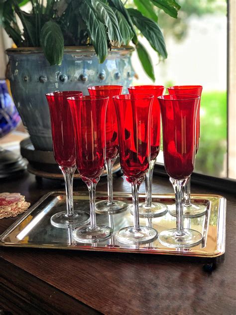 Ruby Red Champagne Flutes Lenox Crystal Ornate Stem Red Glass Etsy