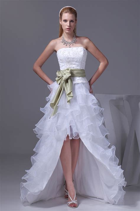 Strapless White High Low Wedding Dresses Ruffles A Line Asymmetrical