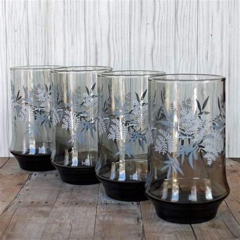 Vintage Libbey Glass Gray Tumblers With White Leaves Set Of 4 Drinking