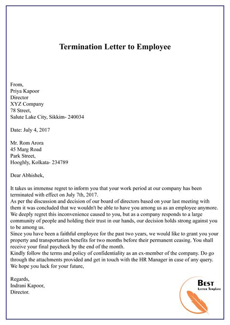 termination letter  employee   letter template