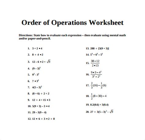 sample order  operations worksheet templates