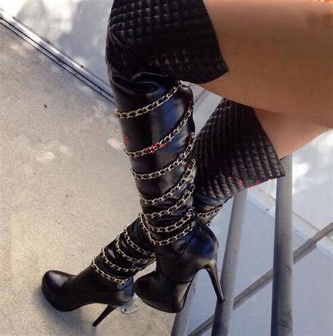 black leather high heel round toe chains designer botas platform