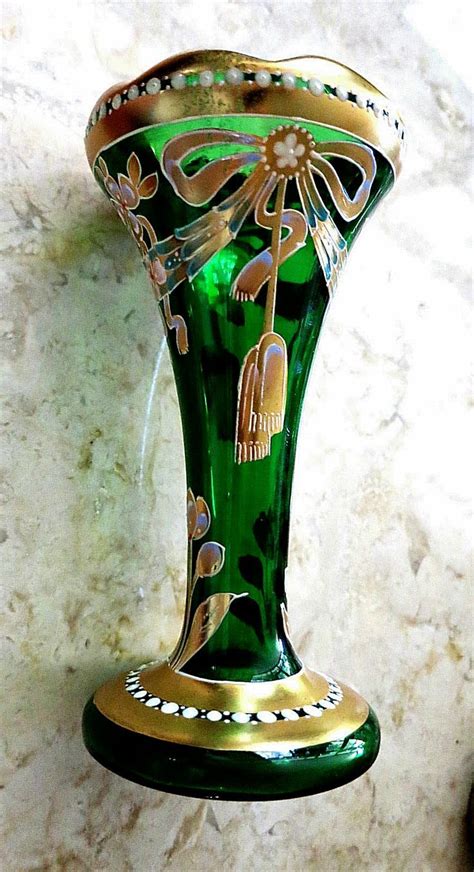 C 1910 Antique Art Deco Glass Vase Bohemian Moser Art Deco Glass