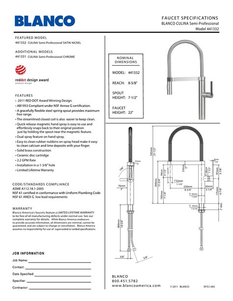 faucet specifications blanco culina semi professional model  model manualzz