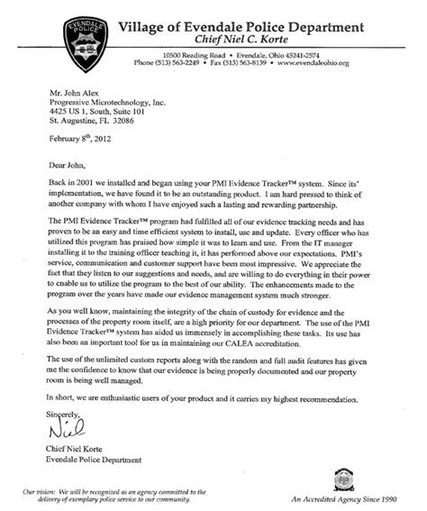 pmi evidence tracker letter  evendale chief  police