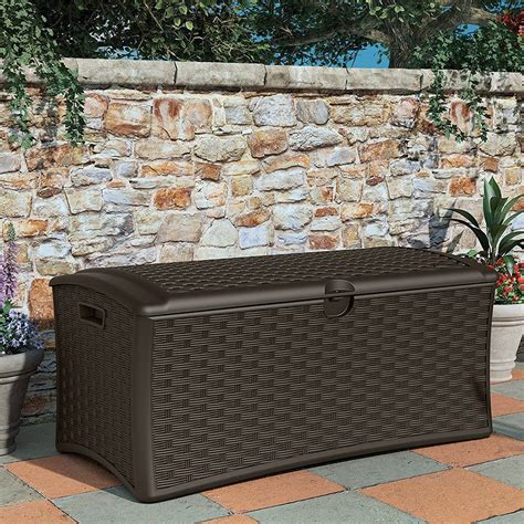 suncast  gallon resin wicker outdoor patio storage deck box brown  pack walmartcom