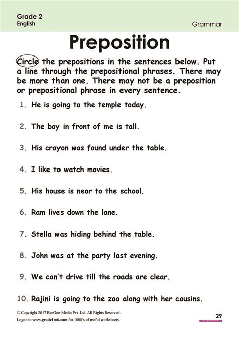 grade preposition worksheets