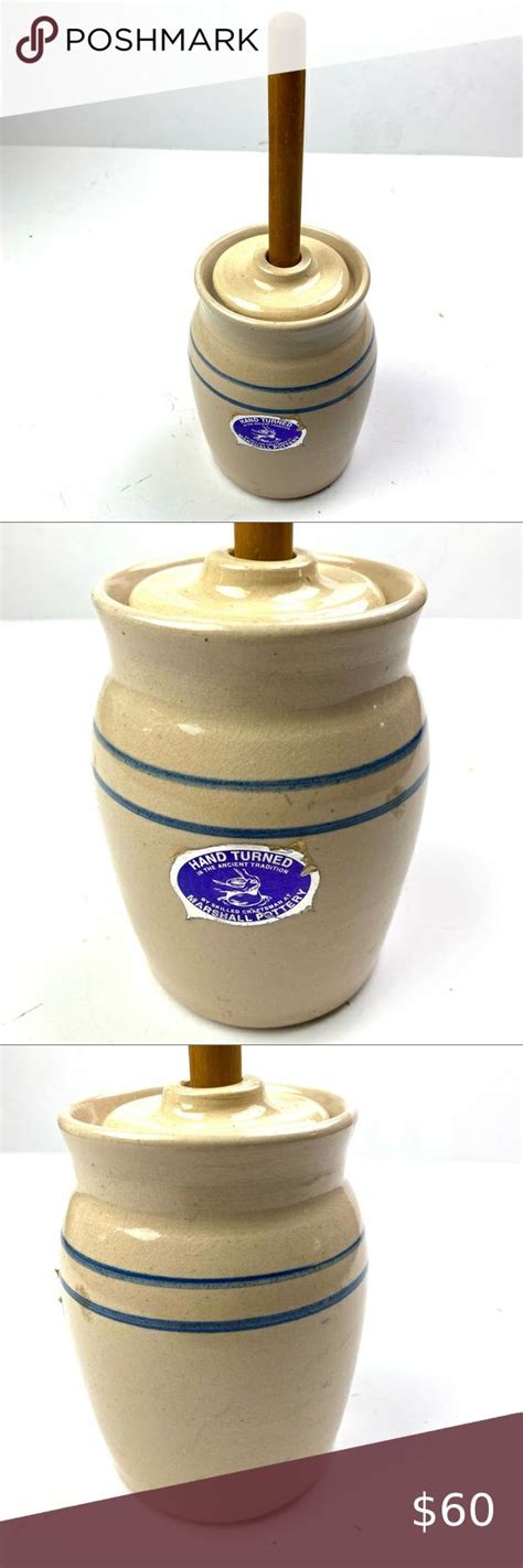 Marshall Pottery Butter Churn Beige Blue Stripe Hand Turned Wood Handle