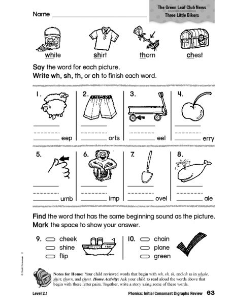 phonics initial consonant digraphs review worksheet for 1st 2nd grade lesson planet