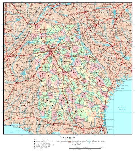 large detailed administrative map  georgia state  roads highways  cities vidianicom