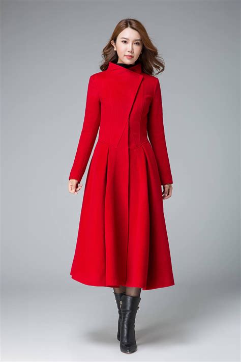 coats  women red winter coat asymmetrical coat pleated etsy
