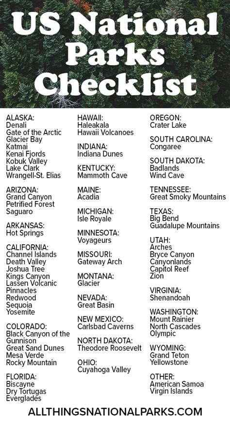 national parks checklist  national parks national parks