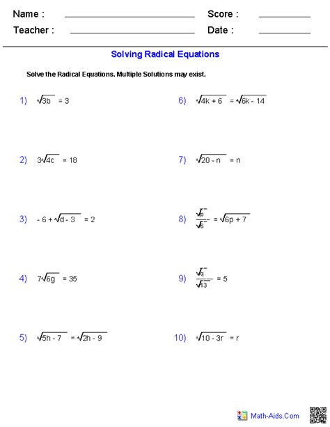 algebra  worksheets radical expressions worksheets