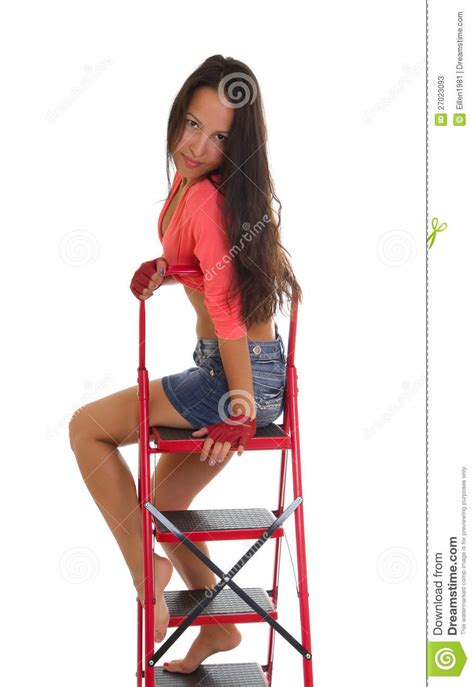 Pretty Woman On Ladder Isolated Stock Image Image Of Female