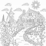Coloring Colouring Rural Book Zentangle Landscape Farm Countryside Adult Pages House Scene Drawing Bird Water Vines Sheets Rabbits Windmill Mail sketch template