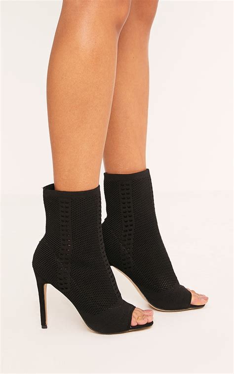 donna black knitted peep toe sock boots prettylittlething
