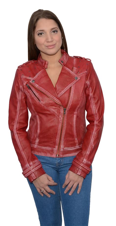 Shaf Women S Red Sheepskin Leather Asymmetrical Motorcycle Jacket W